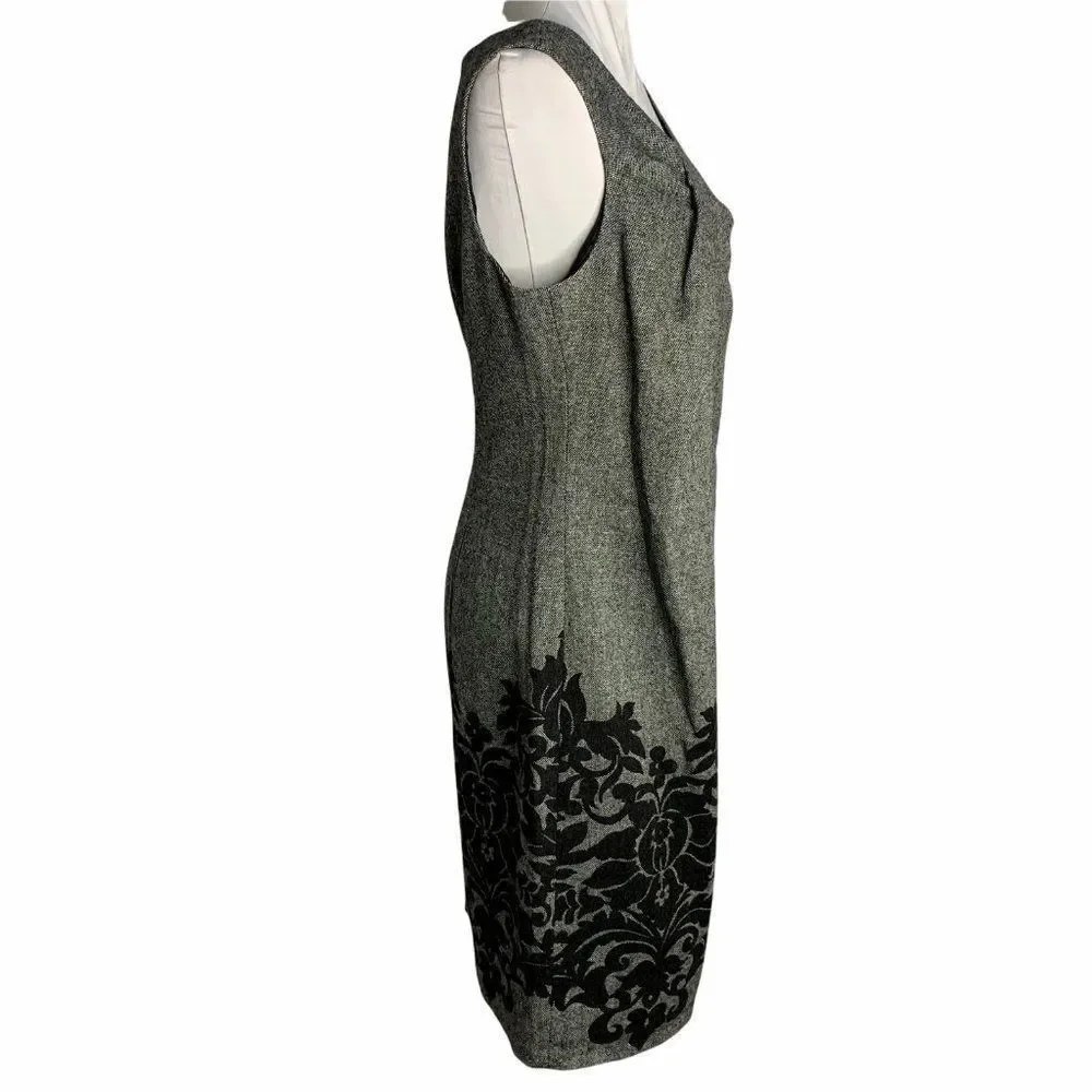 Vintage Wool Blend Sheath Dress 12 Black Floral Sleeveless Knee Length
